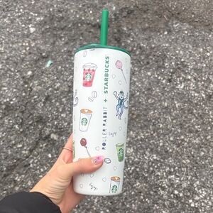 Starbucks X Roller Rabbit  White Tumbler with Green Lid and Straw